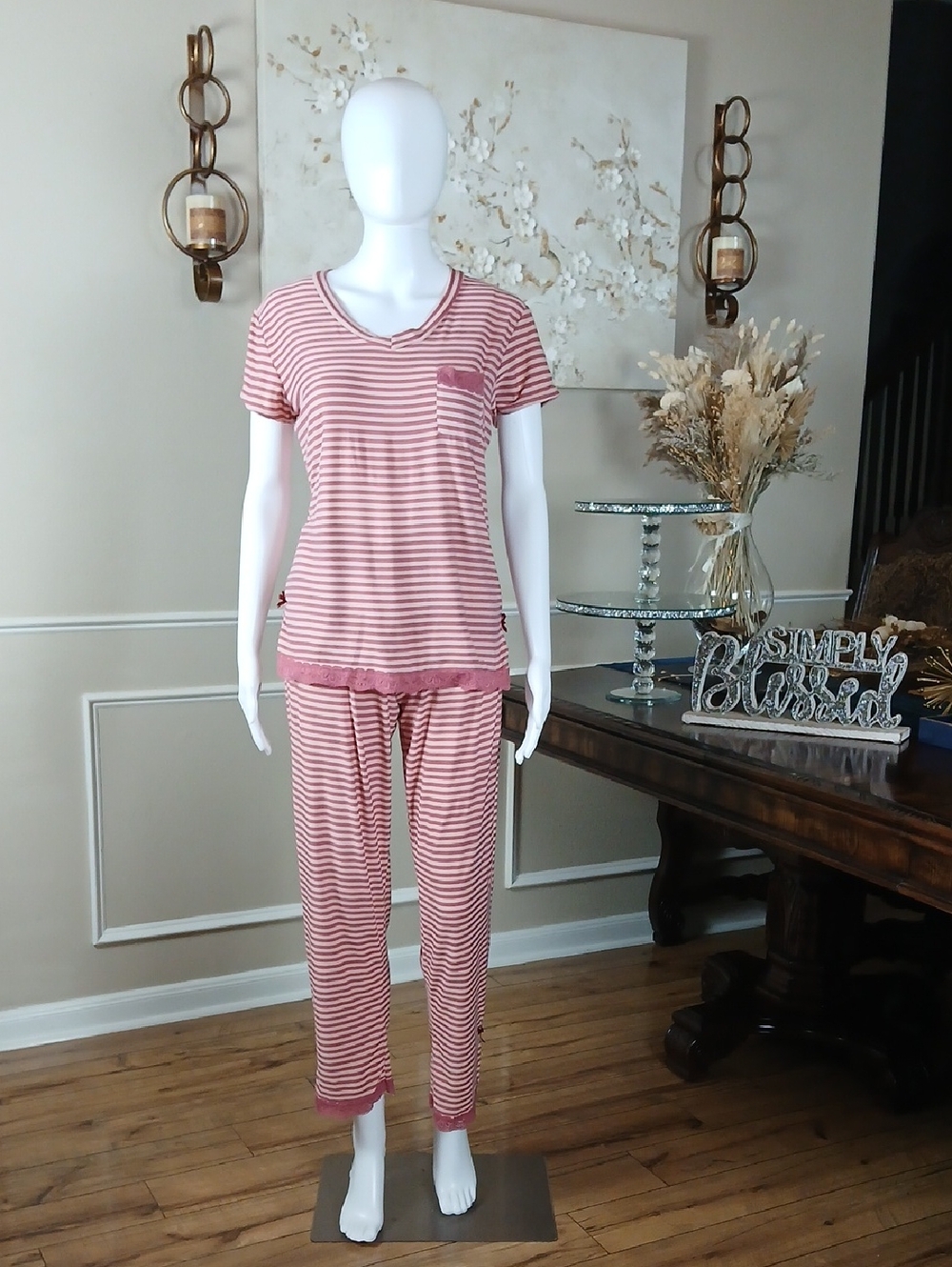 Women's Striped Short-Sleeve Pajama Set - Lounge Sleepwear Mentally Exhausted M